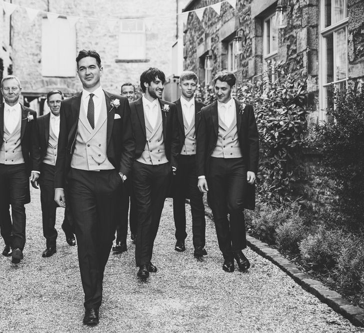 Groom and Groomsmen in Navy Tails and Grey Waistcoats | Lace Bridal Cape Veil &amp; Fishtail Wedding Dress by Pronovias | On Love and Photography