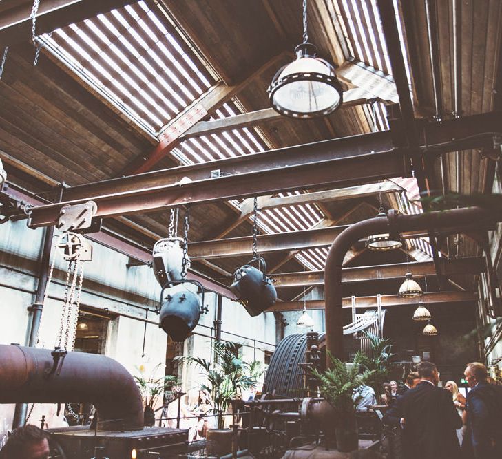 Holmes Mill Wedding Venue | Industrial Beer House Venue with Copper Pipes and Hanging Lamps | Lace Bridal Cape Veil &amp; Fishtail Wedding Dress by Pronovias | On Love and Photography