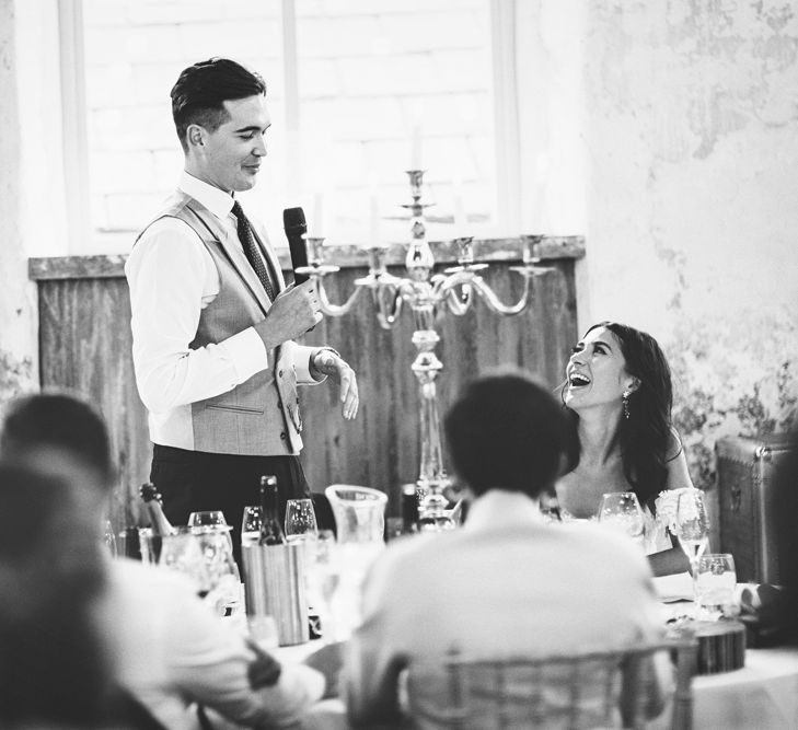 Groom's Speech | Groom in Navy Tails and Grey Waistcoat | Gold Candleabra with White Tapered Candles | Lace Bridal Cape Veil &amp; Fishtail Wedding Dress by Pronovias | On Love and Photography