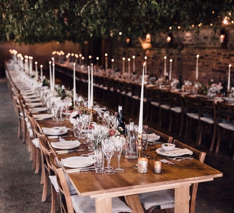 Trestle table wedding breakfast decor at Dewsall Court