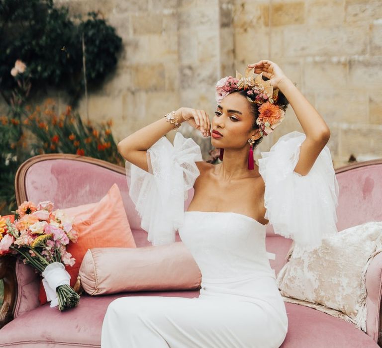 Tulle arm detail fro off the shoulder wedding dress