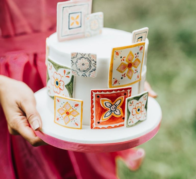 wedding cake with colourful tile motif