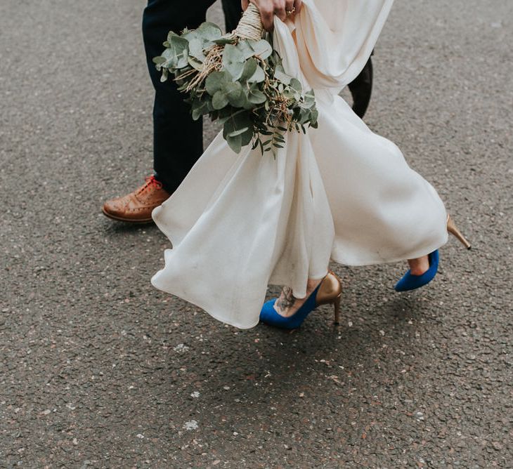 Blue and Copper Ted Baker Wedding Shoes | London Wedding With Succulent Bouquet At The Refinery With Bride In Catherine Deane And Images From Fern Edwards Photography