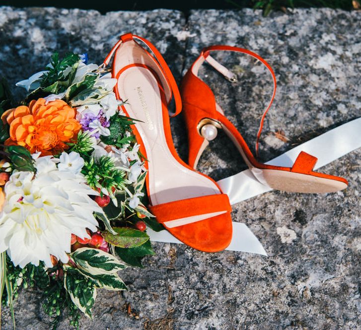 Bright Red Nicholas Kirkwood Shoes with Pearl in Heel | Colourful Pennard House Wedding With Bride Wearing Racerback Dress | Allison Dewey Photography