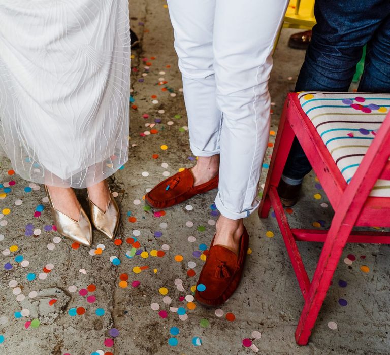 Bride and groom wedding shoes