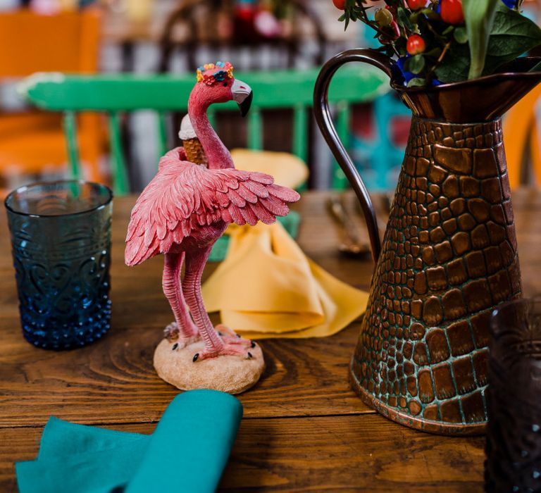 Pitcher jug and ceramic flamingo wedding table decor