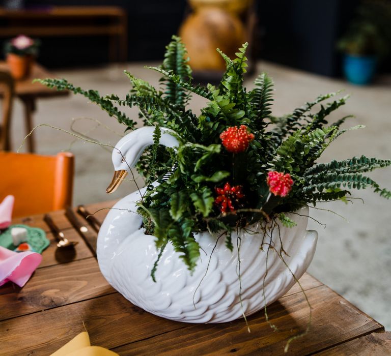 Plant in swan ceramic vase