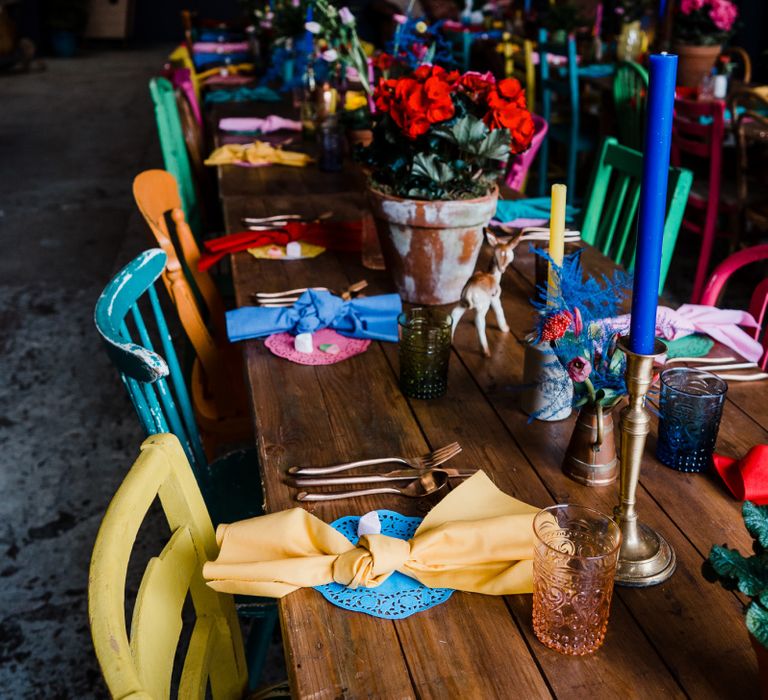 colourful wedding theme table decor for boat shed reception