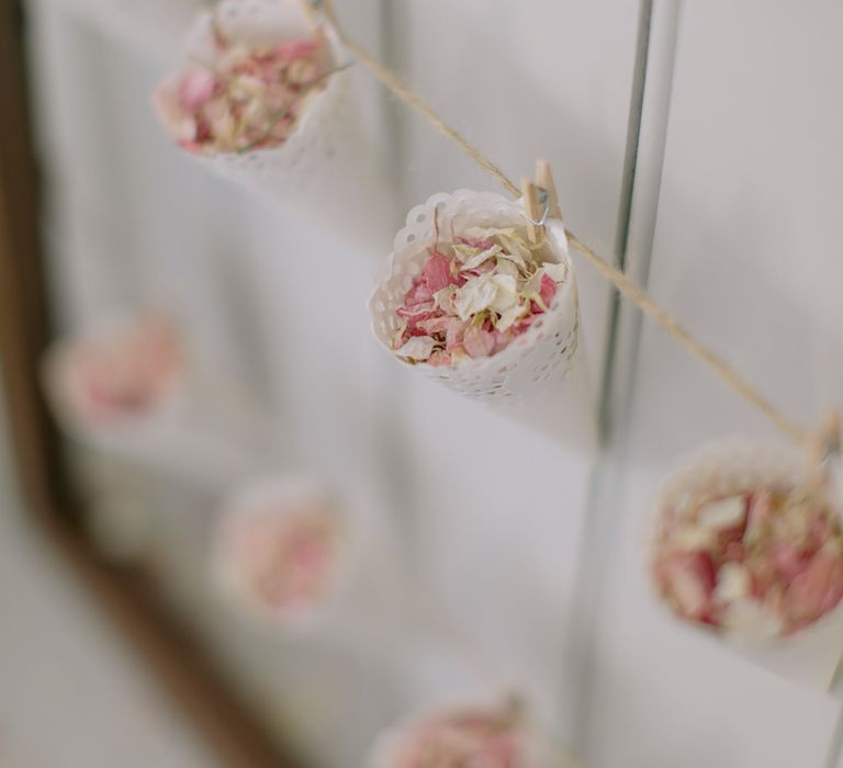 Pink confetti in doily confetti cones | DIY Confetti cones