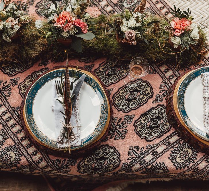 Moroccan Rug Table Cloth &amp; Elegant Place Settings | Rustic Luxe Wedding Decor from Little Jem | Lexicon Cards | Country Boho Inspiration in the Woodlands of Happy Valley Norfolk | Cara Zagni Photography