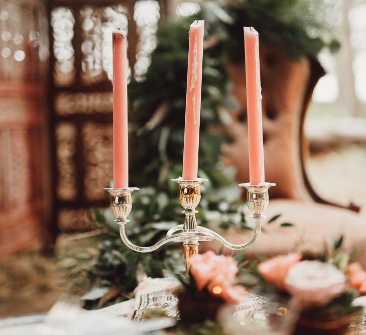 Blush Taper Candles | Rustic Luxe Wedding Decor from Little Jem | Lexicon Cards | Country Boho Inspiration in the Woodlands of Happy Valley Norfolk | Cara Zagni Photography