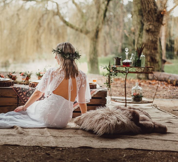 Boho Bride in Backless Embroidered ASOS Dress &amp; Flower Crown |  Country Boho Inspiration in the Woodlands of Happy Valley Norfolk | Cara Zagni Photography