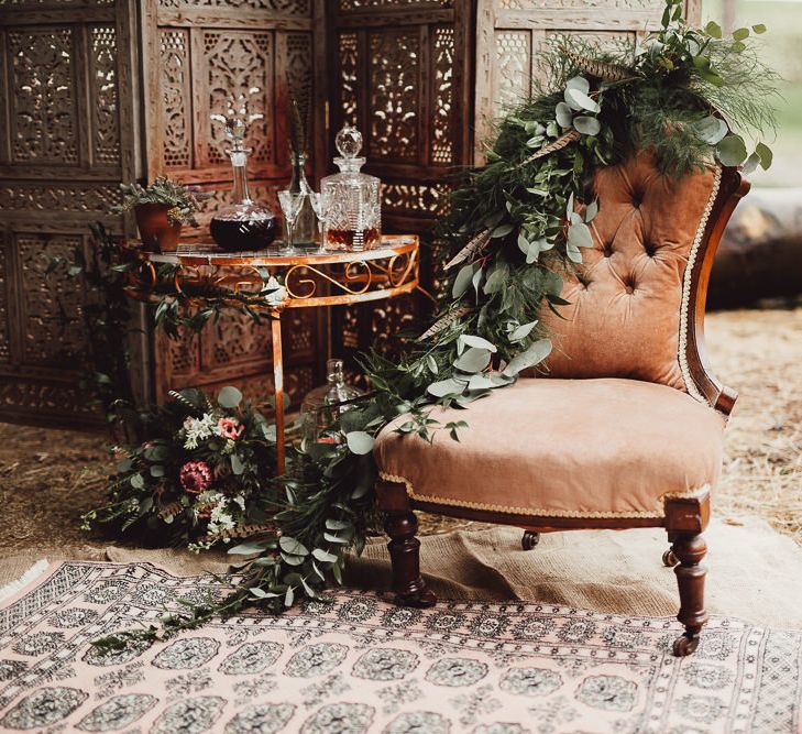 Chair | Whiskey Station | Rustic Luxe Wedding Decor from Little Jem | Lexicon Cards | Country Boho Inspiration in the Woodlands of Happy Valley Norfolk | Cara Zagni Photography