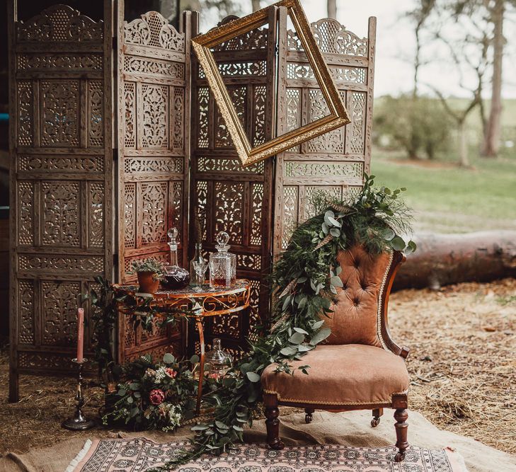 Whiskey Station with Drinks Trolley, Screen &amp; Comfy Chair | Rustic Luxe Wedding Decor from Little Jem | Lexicon Cards | Country Boho Inspiration in the Woodlands of Happy Valley Norfolk | Cara Zagni Photography