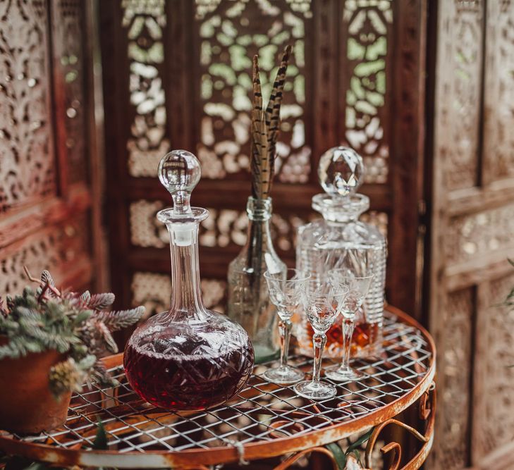 Whiskey Decanters | Rustic Luxe Wedding Decor from Little Jem | Lexicon Cards | Country Boho Inspiration in the Woodlands of Happy Valley Norfolk | Cara Zagni Photography