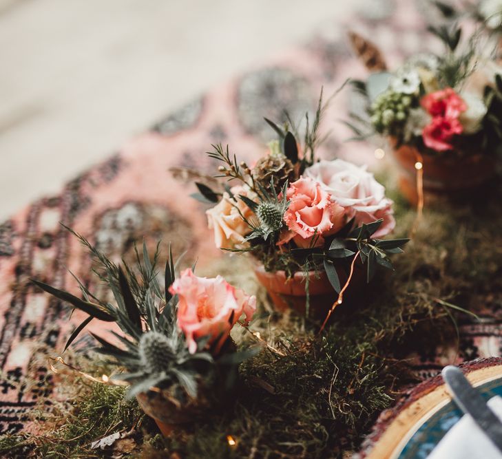 Foliage, Coral Flowers &amp; Pheasant Feather Arrangements | Country Boho Inspiration in the Woodlands of Happy Valley Norfolk | Cara Zagni Photography