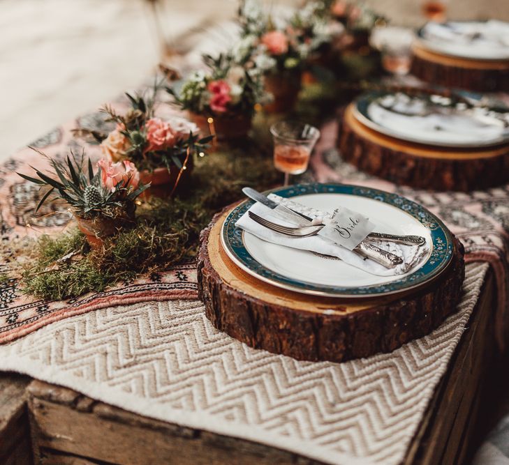 Tree Slice Place Settings | Rustic Luxe Wedding Decor from Little Jem | Lexicon Cards | Country Boho Inspiration in the Woodlands of Happy Valley Norfolk | Cara Zagni Photography