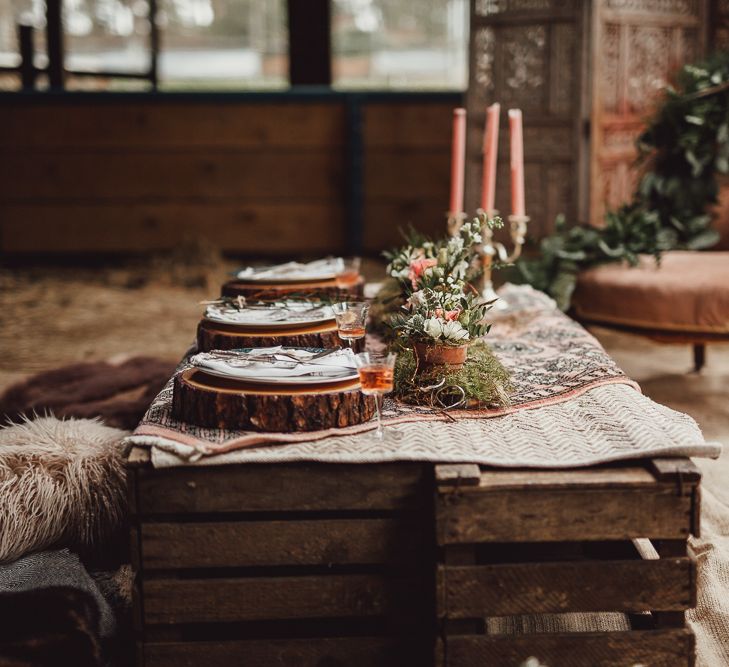 Intimate Wooden Crate Tablescape | Rustic Luxe Wedding Decor from Little Jem | Lexicon Cards | Country Boho Inspiration in the Woodlands of Happy Valley Norfolk | Cara Zagni Photography