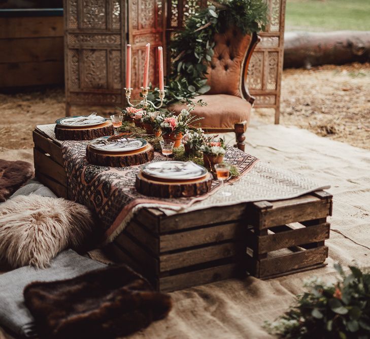 Intimate Wooden Crate Tablescape | Rustic Luxe Wedding Decor from Little Jem | Lexicon Cards | Country Boho Inspiration in the Woodlands of Happy Valley Norfolk | Cara Zagni Photography