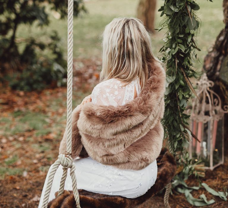 Boho Bride in ASOS Dress | Faux Fur Coverup | Greenery Swing Garland | Country Boho Inspiration in the Woodlands of Happy Valley Norfolk | Cara Zagni Photography