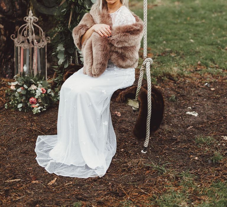 Boho Bride in ASOS Dress | Faux Fur Coverup | Greenery Swing Garland | Country Boho Inspiration in the Woodlands of Happy Valley Norfolk | Cara Zagni Photography