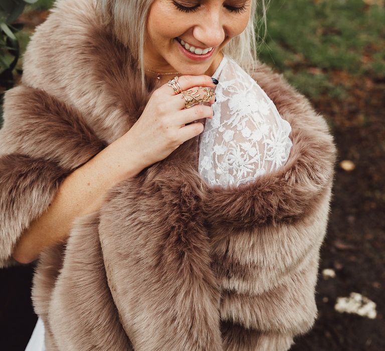 Boho Bride in ASOS Dress | Faux Fur Coverup |  Country Boho Inspiration in the Woodlands of Happy Valley Norfolk | Cara Zagni Photography