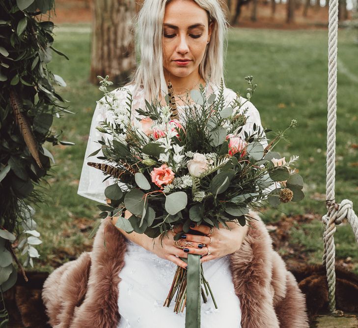 Boho Bride in ASOS Dress | Foliage, Coral Flowers &amp; Pheasant Feather Bouquet | Country Boho Inspiration in the Woodlands of Happy Valley Norfolk | Cara Zagni Photography