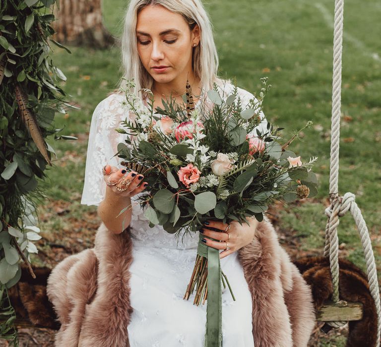 Boho Bride in ASOS Dress | Foliage, Coral Flowers &amp; Pheasant Feather Bouquet | Country Boho Inspiration in the Woodlands of Happy Valley Norfolk | Cara Zagni Photography