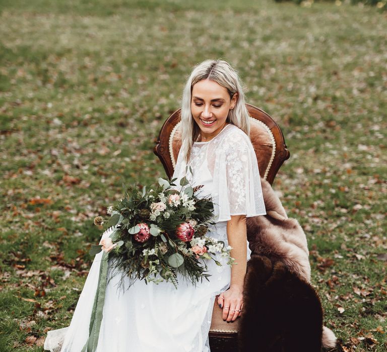 Boho Bride in ASOS Dress | Foliage, Coral Flowers &amp; Pheasant Feather Bouquet | Country Boho Inspiration in the Woodlands of Happy Valley Norfolk | Cara Zagni Photography