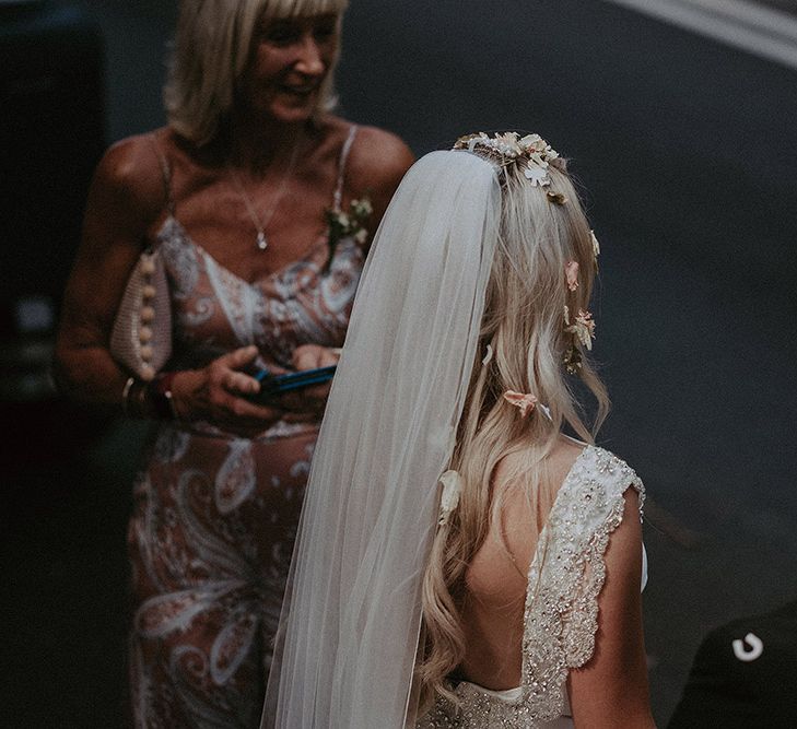 Bride Covered in Confetti Wearing Beaded Back St Patrick Wedding Dress