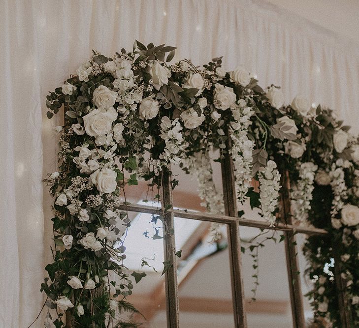 Window Pane Mirror and White and Green Wedding Flowers