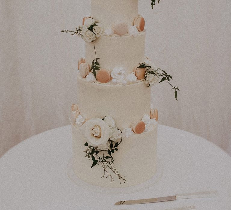 Five Tier Buttercream Wedding Cake with Macaroons Decor