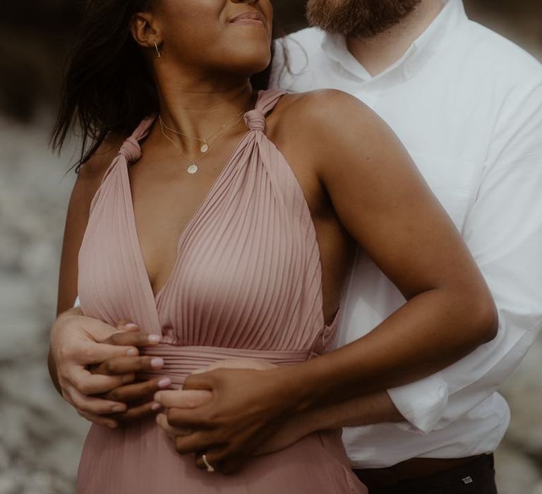 Beautiful bride in pink maxi dress for engagement shoot