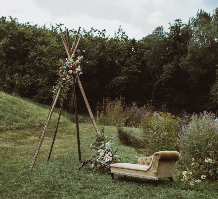 Naked Tipi Wedding Altar with Vintage Chaise &amp; Chair