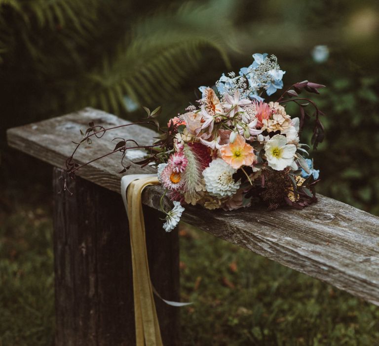 Pastel Pink and Blue Wedding Bouquet Tied with Ribbon