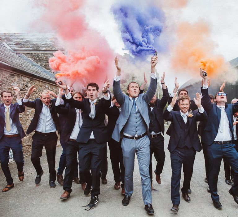 Groom &amp; Groomsmens Walking Down the Lane with Coloured Smoke Bombs