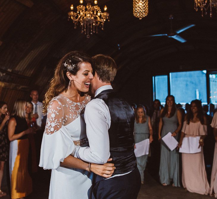 First Dance with Bride in Rime Arodaky Wedding Dress and Groom is Reiss Suit