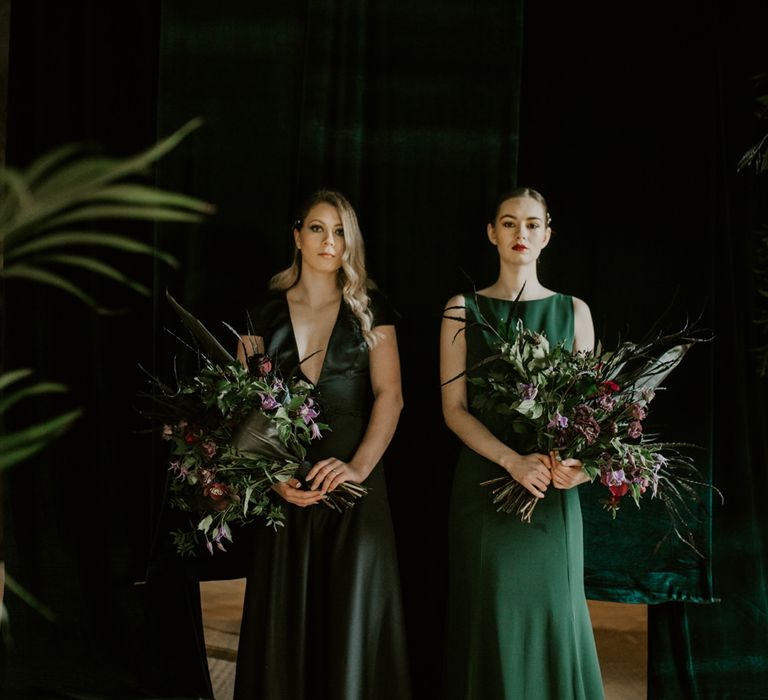 Forest Green Bridesmaid Dresses | Forest Green and Black Dark Decadence Wedding Inspiration in a Rustic Barn Planned &amp; Styled by Knots &amp; Kisses with Images by Daze of Glory Photography