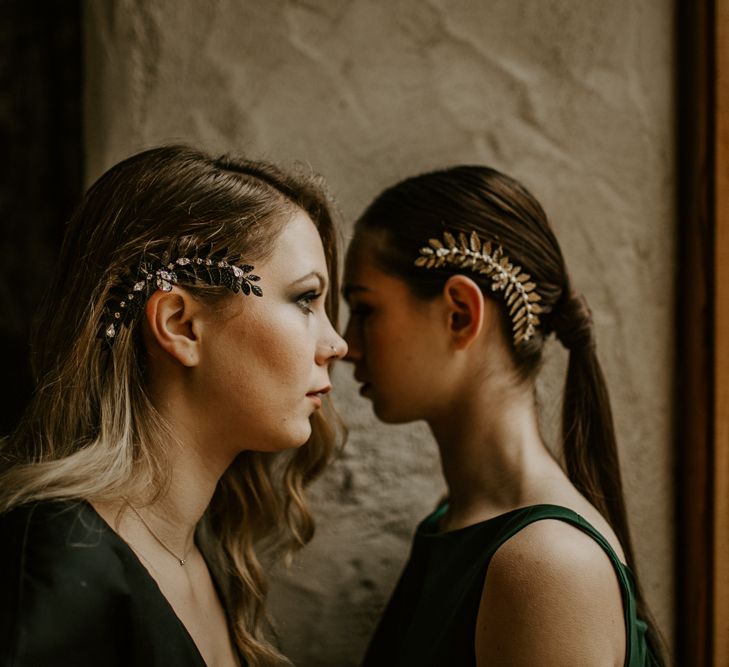 The Lucky Sixpence Hair Accessories | Forest Green and Black Dark Decadence Wedding Inspiration in a Rustic Barn Planned &amp; Styled by Knots &amp; Kisses with Images by Daze of Glory Photography