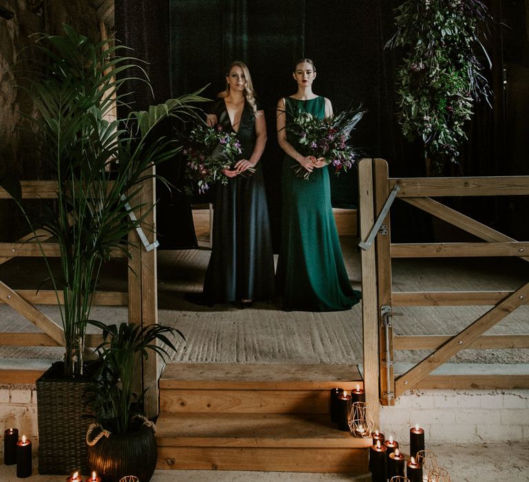 Foliage &amp; Candle Light Altar Wedding Decor | Forest Green Bridesmaid Dresses | Forest Green and Black Dark Decadence Wedding Inspiration in a Rustic Barn Planned &amp; Styled by Knots &amp; Kisses with Images by Daze of Glory Photography