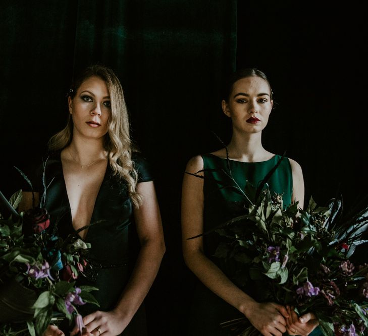 Forest Green Bridesmaid Dresses | Forest Green and Black Dark Decadence Wedding Inspiration in a Rustic Barn Planned &amp; Styled by Knots &amp; Kisses with Images by Daze of Glory Photography