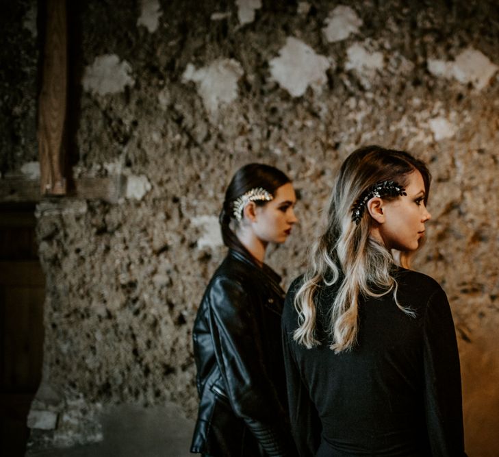 Bridesmaids in Leather Jackets &amp; The Lucky Sixpence Hair Accessories | Forest Green and Black Dark Decadence Wedding Inspiration in a Rustic Barn Planned &amp; Styled by Knots &amp; Kisses with Images by Daze of Glory Photography