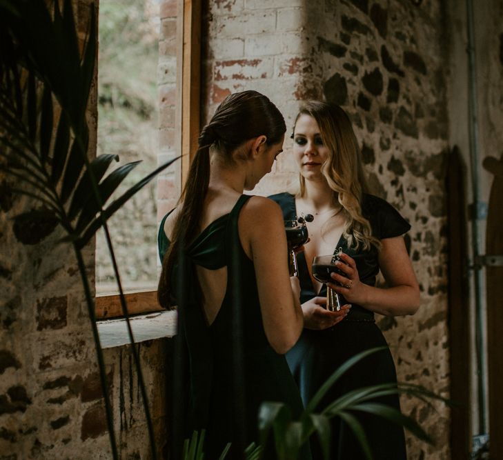 Forest Green Bridesmaid Dresses | Forest Green and Black Dark Decadence Wedding Inspiration in a Rustic Barn Planned &amp; Styled by Knots &amp; Kisses with Images by Daze of Glory Photography