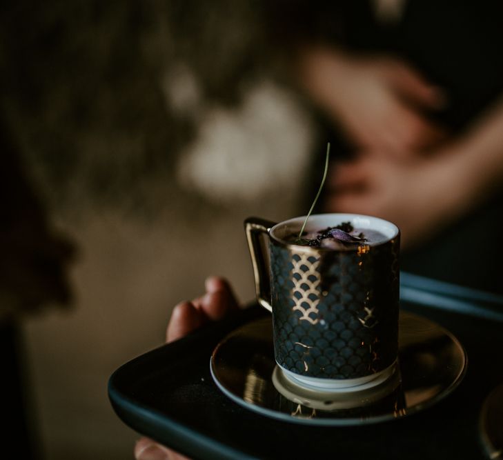 Gold Design Expresso Cups | Forest Green and Black Dark Decadence Wedding Inspiration in a Rustic Barn Planned &amp; Styled by Knots &amp; Kisses with Images by Daze of Glory Photography