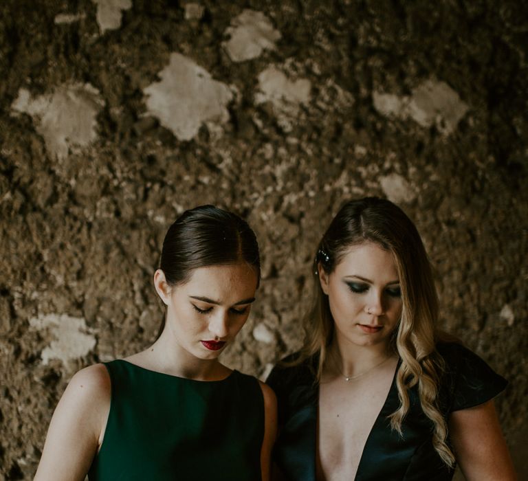 Forest Green Bridesmaid Dresses | Forest Green and Black Dark Decadence Wedding Inspiration in a Rustic Barn Planned &amp; Styled by Knots &amp; Kisses with Images by Daze of Glory Photography