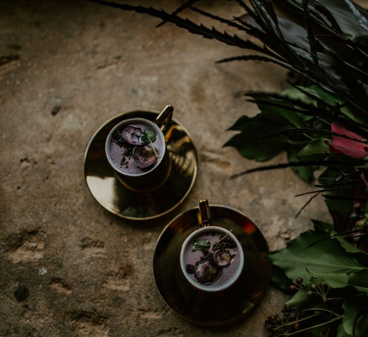 Gold Design Expresso Cups | Forest Green and Black Dark Decadence Wedding Inspiration in a Rustic Barn Planned &amp; Styled by Knots &amp; Kisses with Images by Daze of Glory Photography