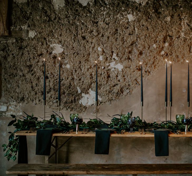 Black Taper Candles Wedding Table Decor | Forest Green and Black Dark Decadence Wedding Inspiration in a Rustic Barn Planned &amp; Styled by Knots &amp; Kisses with Images by Daze of Glory Photography