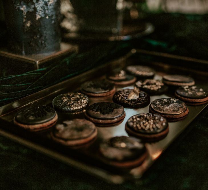 Iced Wedding Biscuits for Dessert Table | Forest Green and Black Dark Decadence Wedding Inspiration in a Rustic Barn Planned &amp; Styled by Knots &amp; Kisses with Images by Daze of Glory Photography