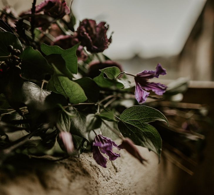 Deep Red, Plum &amp; Purple Wedding Bouquet Flowers | Forest Green and Black Dark Decadence Wedding Inspiration in a Rustic Barn Planned &amp; Styled by Knots &amp; Kisses with Images by Daze of Glory Photography