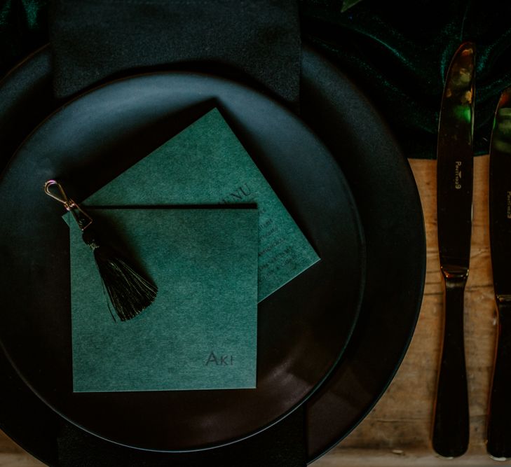 Luxury Forest Green Wedding Stationery with Wax Seal | Forest Green and Black Dark Decadence Wedding Inspiration in a Rustic Barn Planned &amp; Styled by Knots &amp; Kisses with Images by Daze of Glory Photography